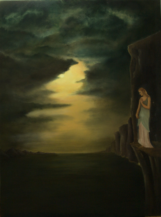 trauriges junges M�dchen auf Felsen am Meer bei Vollmond
