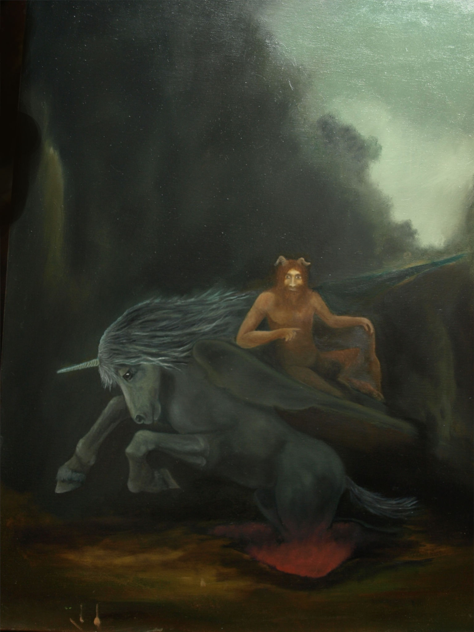 Faun und Einhorn das aus einem rotgl�henden Loch in der Erde springt