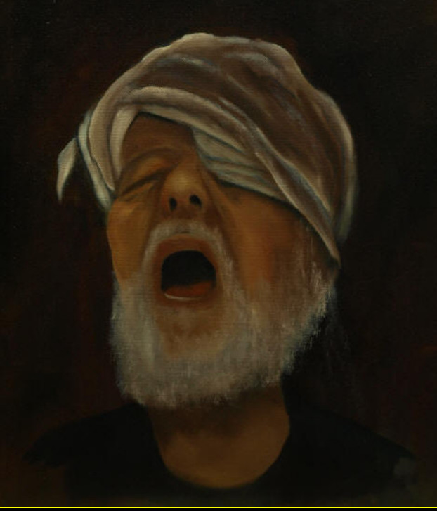 Selbstportrait mit entsetztem Gesicht  Kopf mit Tuch umwickelt 